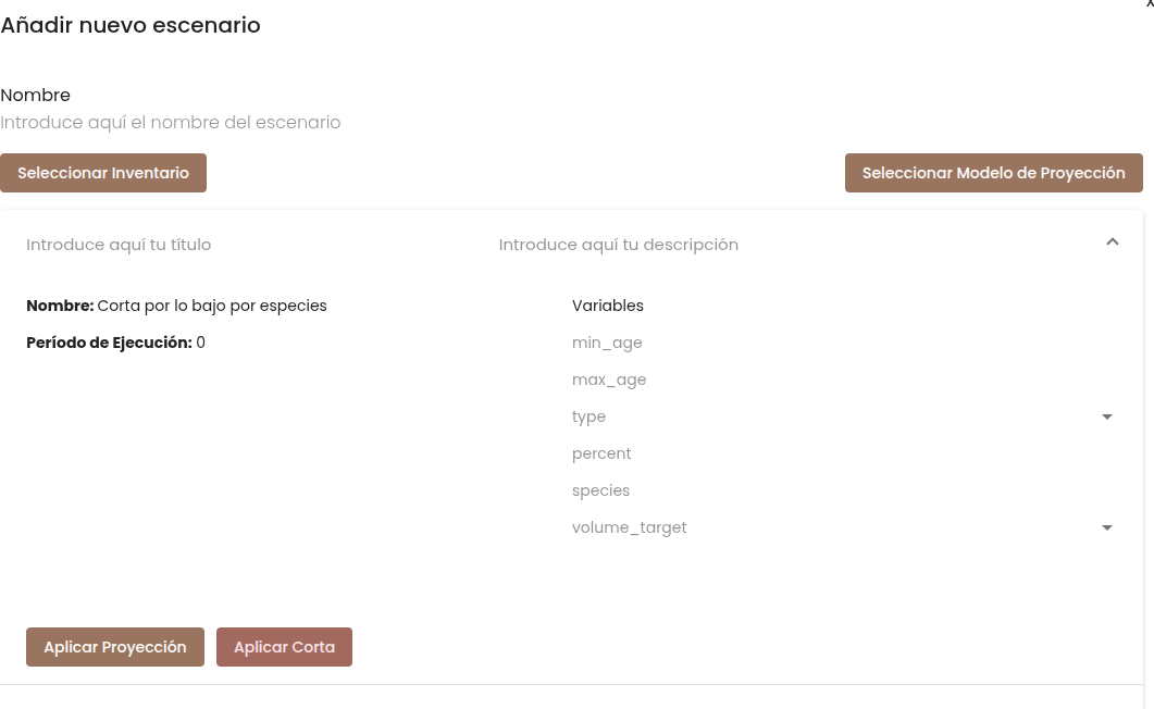 Parámetros de corta por especie en la interfaz web