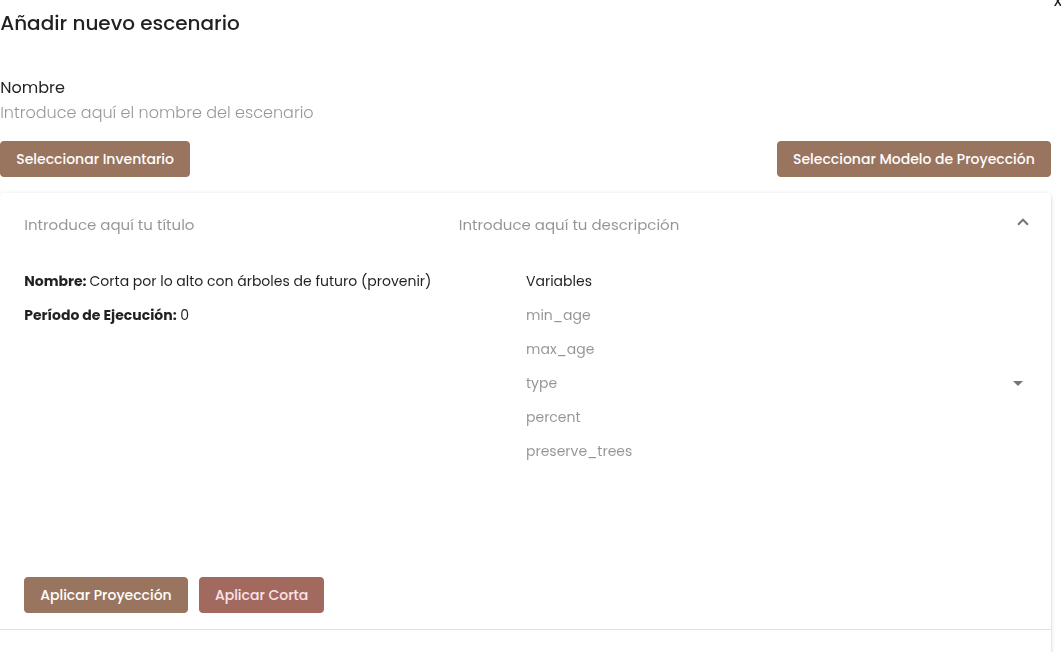 Parámetros de corta con árboles de futuro en la interfaz web