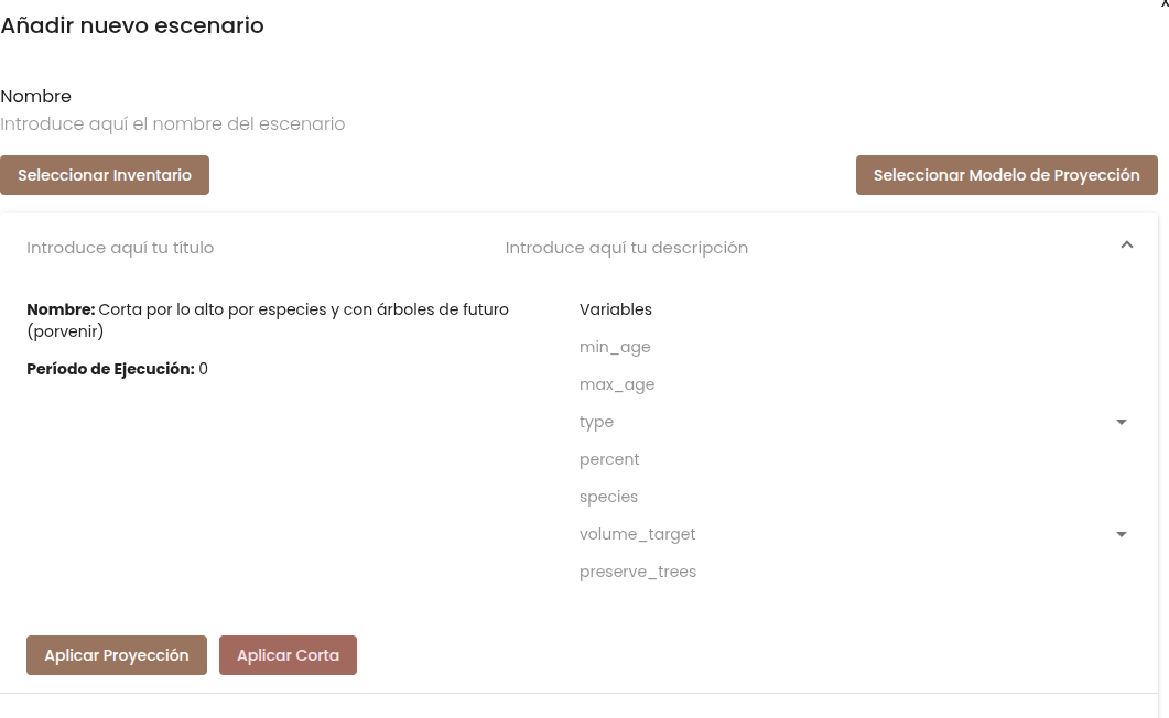 Parámetros de corta con árboles de futuro por especie en la interfaz web